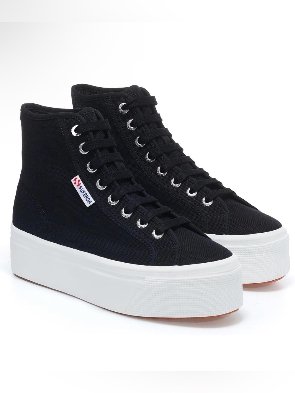 Superga Black High-Top Platform Canvas Sneakers with White Sole